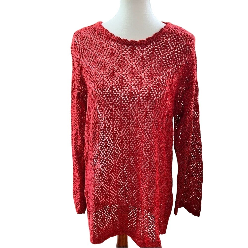 Lizsport Red Open Knit Crochet Linen Blend Sweater Size Medium